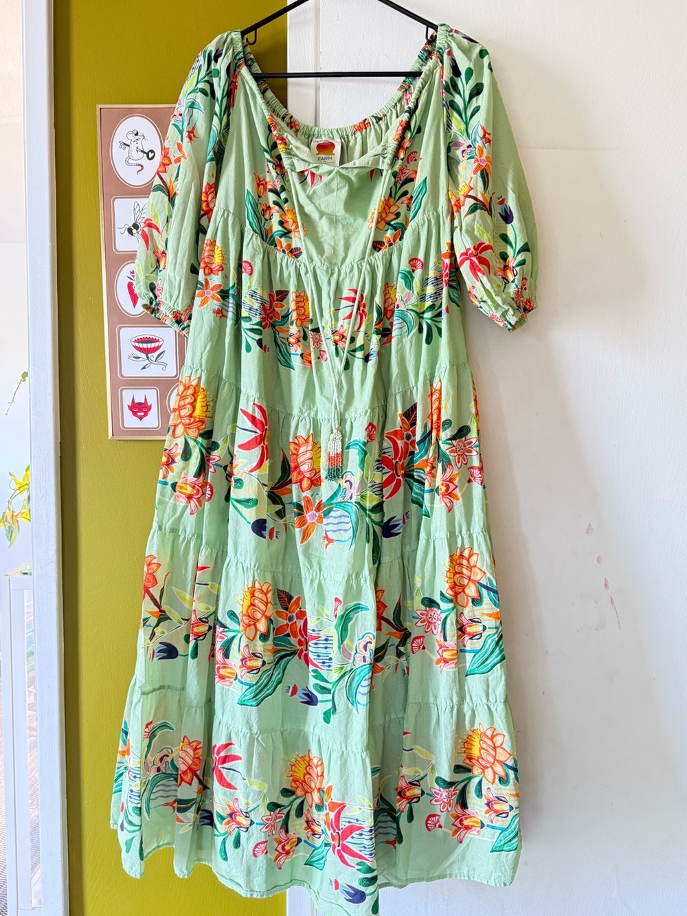 FARM Rio Off-The-Shoulder Long-Sleeve Tiered Floral Midi Dress